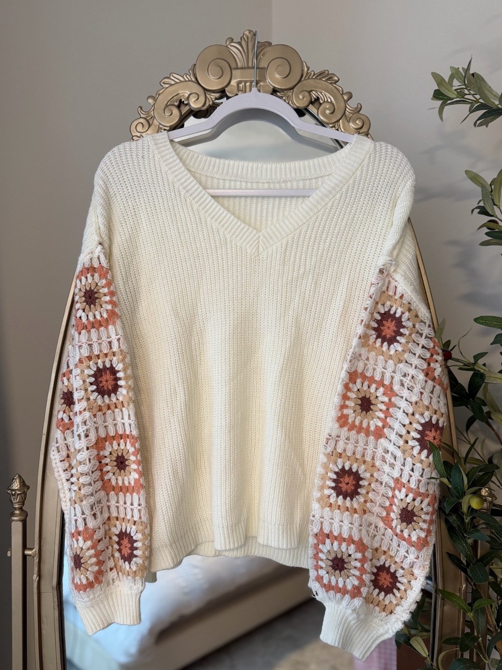 Cream V-Neck Sweater with Crochet Detail Sleeves